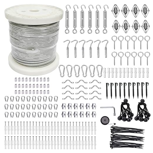 1/8" Wire Cable Rope Kit ，Vinyl Coated 304 Stainless Steel Wire – 300FT 7x7 Strand Cable with Turnbuckles，Shade Sail & Hanging Lights Hardware Kit for Outdoor, Garden,Patio, Crafts, Hanging Lights