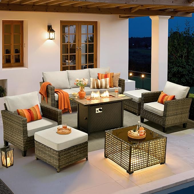 ovios 7 Pieces Patio Furniture Set with 42" Fire Pit Table, Outdoor Sofa Couch with Solar Lights Table Comfy Cushions, Modern Deep Seat Wicker Rattan Conversation Set, Grey