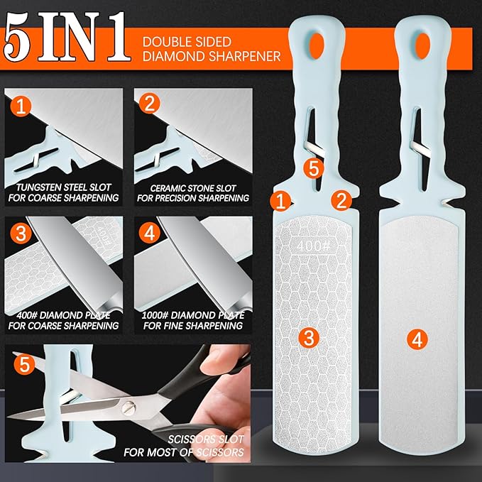 Diamond Sharpening Stone,400/1000 Grit Handheld Double-Sided Diamond Sharpener 5 in 1 Honeycomb Surface Knife Sharpener Plate Whetstone with Ceramic & Tungsten Steel Scissor Slot,Blue