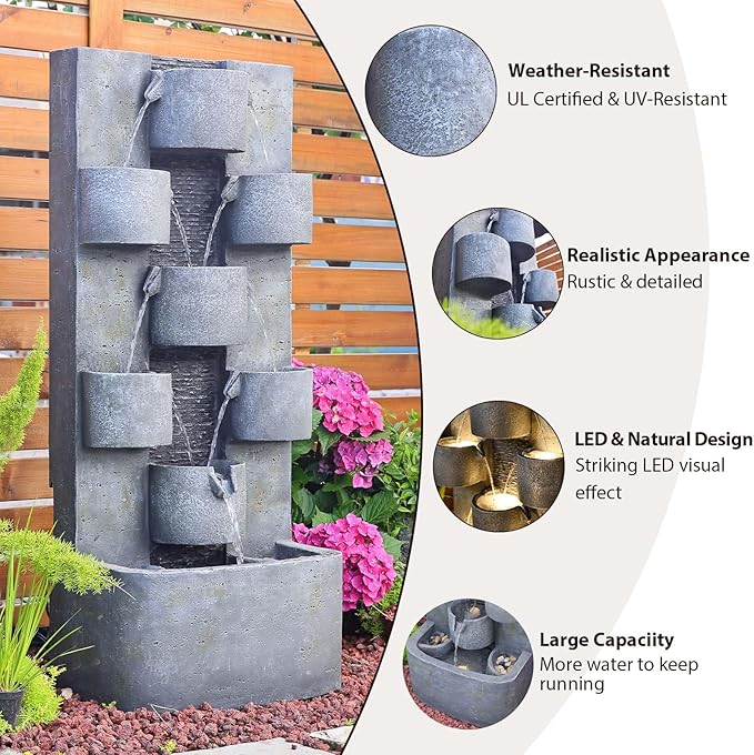 44.8" H Modern Outdoor Water Fountain with LED Lights and Pump, Mutiply-Tier Standing Cascading Waterfall - Modern Design for Garden,Patio,Yard, Multi-Level Outdoor Decor (Gray)