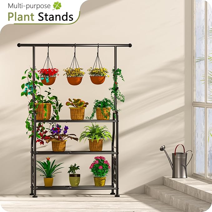 GIOTORENT Plant Stand Indoor, 3-Tier Heavy Duty Metal Shelf for Patio & Indoor, Tall Plant Holds 14+ Plants with 5 Hooks, Rust-Proof Plant Holder for Garden, Balcony, Living Room, Black