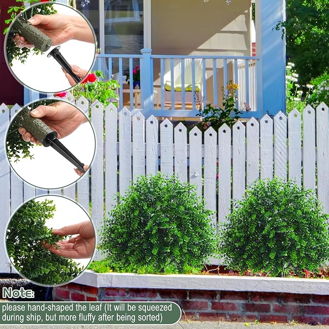 Yunlly 4 Pcs 18 Inch Artificial Boxwood Ball Topiary Tree Fake Outdoor Plants Bush, UV Resistance Faux Shrubs with Spike Realistic Greenery Potted for Indoor Garden Yard Porch Patio Decor (Green)