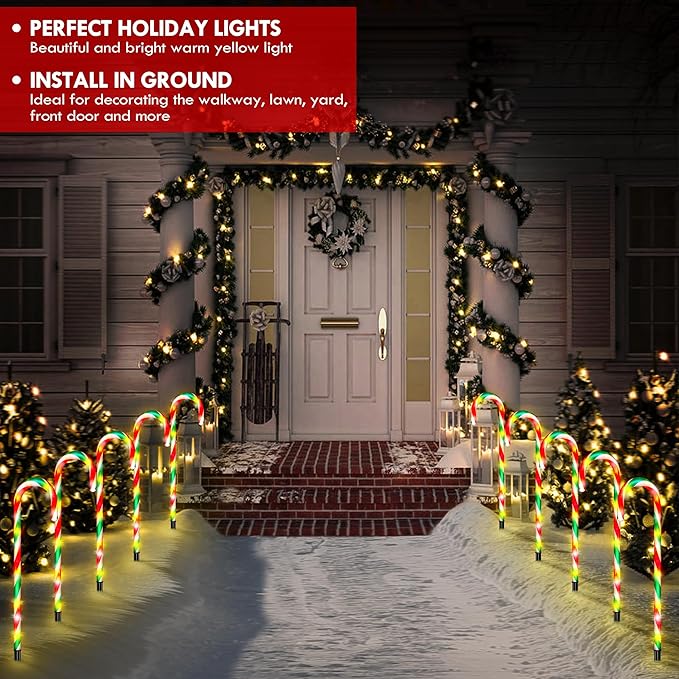 WeGuard 10PK Christmas Candy Cane Pathway Lights Outdoor Decorations 21" 8 Lighting Modes Flashing Waterproof Outdoor Lighted Christmas Decor for Garden Yard (Red&Green)