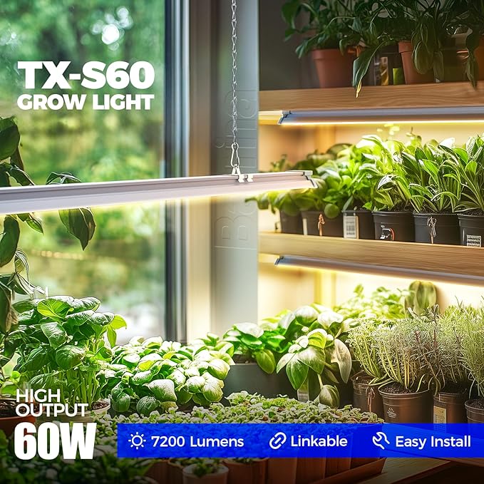 Barrina TX-S60 4FT Grow Light for Indoor Plants, 240W(4 x 60W, 1680W Equivalent), High PPFD, Full Spectrum with 660nm Red LEDs, Mechanical Timer, Linkable, Hanging Plant Light for Seedling, 4 Packs
