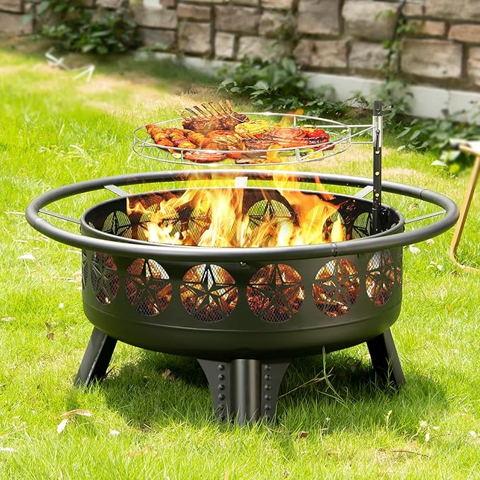 38” Wood Burning Fire Pits for Outside,3-in-1 Fire Pit with Grill, Spark Screen & Fire Poker,Outdoor Firepit Table with Swivel Cooking Grate for Yard BBQ Bonfire Patio Camping (38 inch)