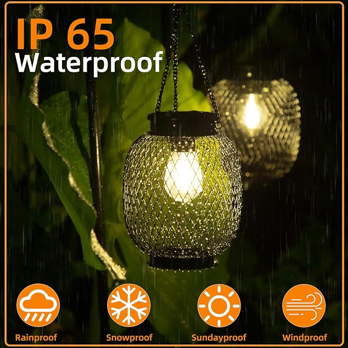 Solar Lanterns Outdoor Waterproof, 2 Pack Vintage Metal Solar Hanging Lanterns Outdoor with Hooks Solar Garden Decoration Lights Solar Lights Outdoor for Patio Balcony Yard Lawn, Black