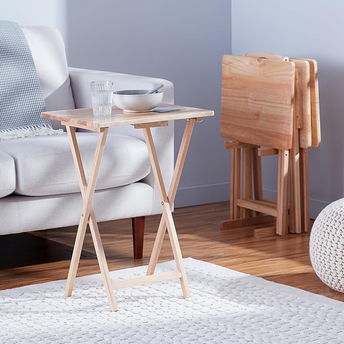 Amazon Basics Classic Foldable TV Dinner Tray Table with Storage Rack, 14.6 L x 19 W x 26 H inch, Natutral, 4-Pack