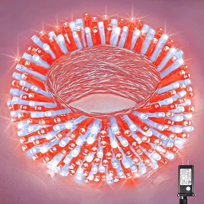300 LED Christmas Lights Outdoor - 99ft Extra Long Christmas String Lights 8 Modes Plug in Waterproof Fairy Lights with Timer Memory for Indoor Outside Bedroom Home Party Decoration, Red&White