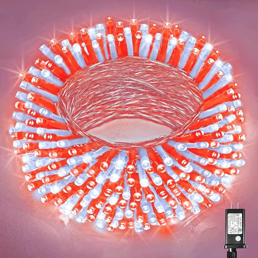 300 LED Christmas Lights Outdoor - 99ft Extra Long Christmas String Lights 8 Modes Plug in Waterproof Fairy Lights with Timer Memory for Indoor Outside Bedroom Home Party Decoration, Red&White