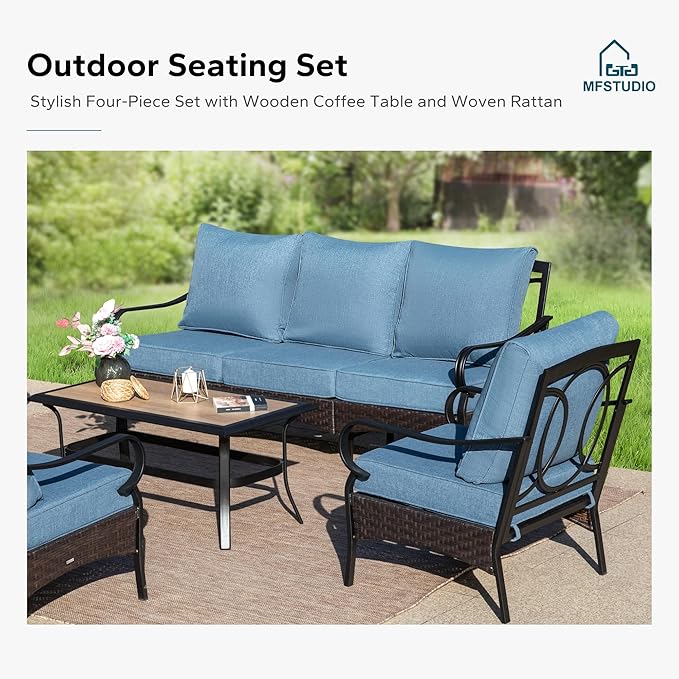 MFSTUDIO 5 PCS Outdoor Patio Furniture Set, Metal Outdoor Conversation Set, Rattan Wicker Patio Sectional Sofa Set with 2 x Rocking Single Sofa, 2-Seat and 3-Seat Sofa, 1 x Coffee Table, Navy Blue