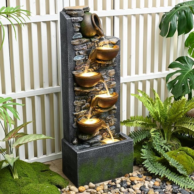 39" Outdoor Garden Water Fountain with Lights 5 Tiers Cascading Large Waterfall Floor Standing Fountain for Patio, Backyard, Deck, Porch and Home Art Decor