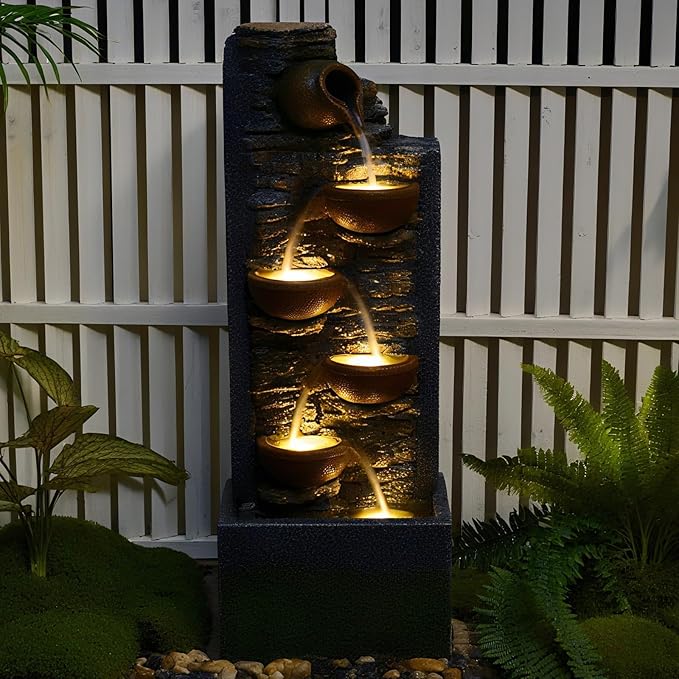 39" Outdoor Garden Water Fountain with Lights 5 Tiers Cascading Large Waterfall Floor Standing Fountain for Patio, Backyard, Deck, Porch and Home Art Decor