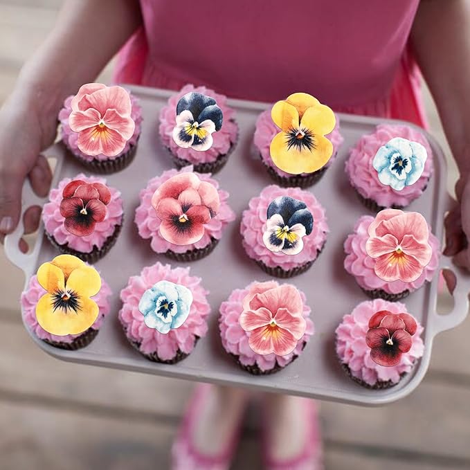 60 PCS Edible Flowers Cake Toppers Wafer Paper Flowers Cupcake Toppers Pansies Wedding Bridal Engagement Edible Flower Cake Decorations for Baby Shower Birthday Party Cake Food Decorations Supplies
