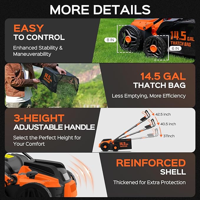 2025 Upgrade 16-Inch 15.5 Amp 2-in-1 Electric Dethatcher and Scarifier with 14.5-Gallon Collection Bag, Lawn Dethatcher with 5-Position Depth Adjustment, Keeps Lawn Healthy – Bright Orange