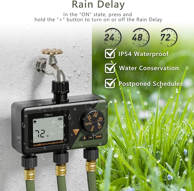Diivoo Sprinkler Timer 3 Zone, Water Hose Timer 3 Outlet for Garden, Programmable Automatic Irrigation Timer with Rain Delay and Manual/Auto Mode Watering IP54 for Lawn, Yard, Pool