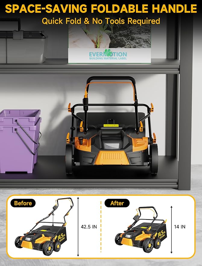 15.5 Amp 16-Inch Electric Dethatcher and Scarifier, Lawn Dethatcher with Foldable Design, 14.5-Gallon Bag, 5-Position Depth Adjustment, Quick Blade Replacement, Ideal for Healthy Lawn Care