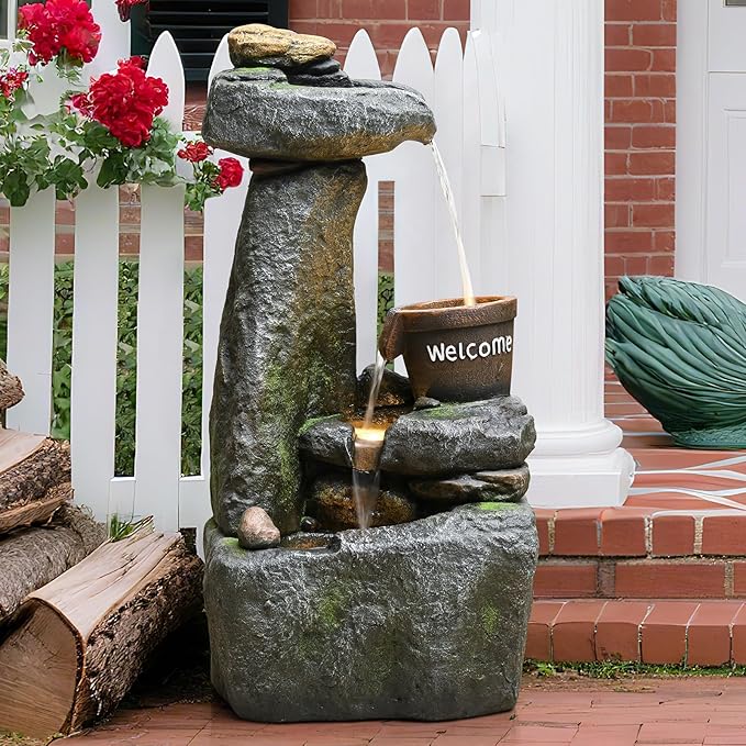 33" Outdoor Garden Water Fountain with Lights 4 Tiers Cascading Large Waterfall Floor Standing Fountain for Patio, Backyard, Deck, Porch and Home Art Decor