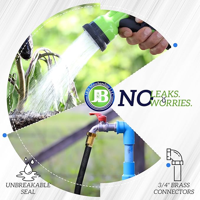 J&B XpandaHose 50ft Expandable Garden Hose with Holder - Heavy Duty Superior Strength 3750D - 4 -Layer Latex Core - Extra Strong Brass Connectors and 10 Spray Nozzle w/Storage Bag (Black 50)