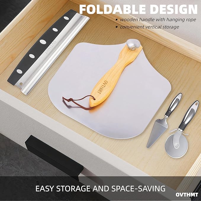 Pizza Oven Accessories 4 PCS, Pizza Kit, Aluminum Pizza Paddle with Foldable Wood Handle, Pizza Cutter, Rocker Blade, Cutter Wheel, Pizza Server, Pizza Peel Set, Pizza Tools