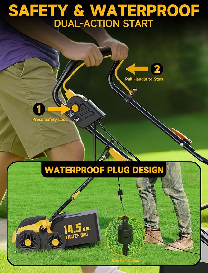 15.5 Amp 16-Inch Electric Dethatcher and Scarifier, Lawn Dethatcher with Foldable Design, 14.5-Gallon Bag, 5-Position Depth Adjustment, Quick Blade Replacement, Ideal for Healthy Lawn Care