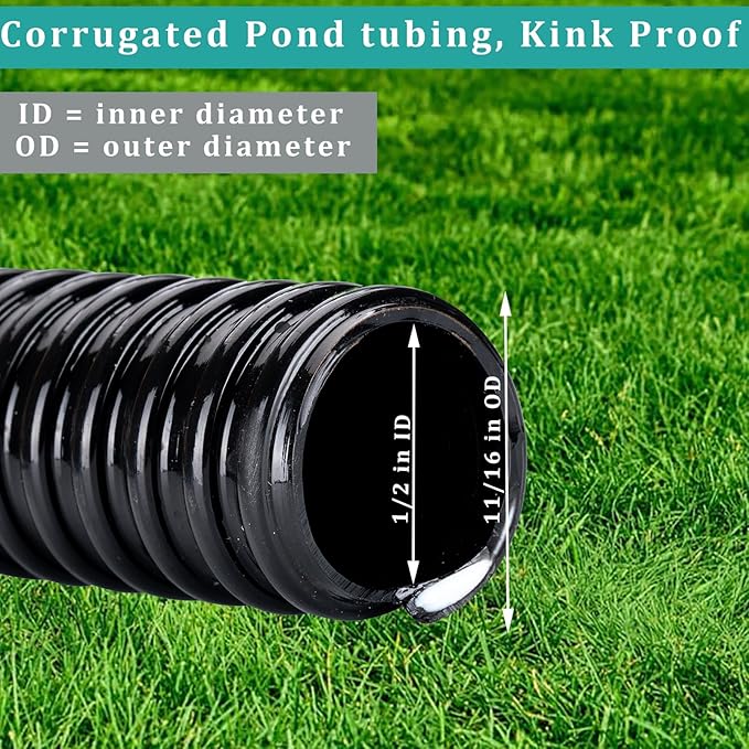 Pond Hose ID 1/2” × 50ft Black Corrugated Flexible Reinforced PVC Hose Vinyl Tubing for Pond Pump Fountain Garden Waterfall, Non-toxic & Kinkproof, with 2 clamps