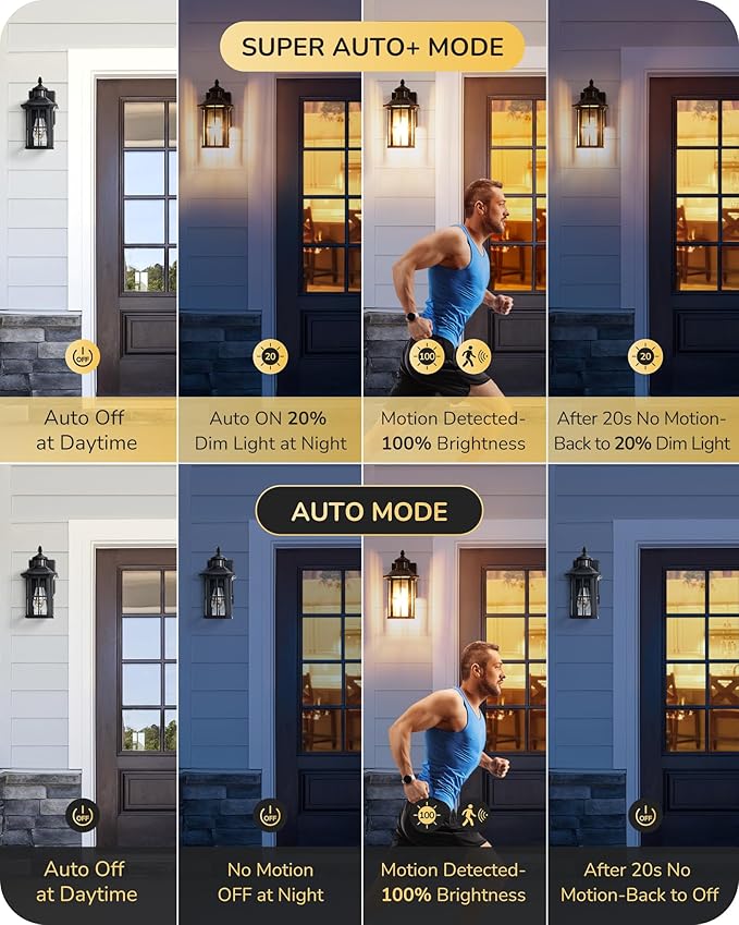 EDISHINE 2 Pack Motion Sensor Outdoor Wall Lights, Dusk to Dawn Exterior Lighting Fixture, Modern Porch Light Wall Mount, Clear Water Glass, Anti-Rust Aluminum for Front Door Garage, Patio, Black