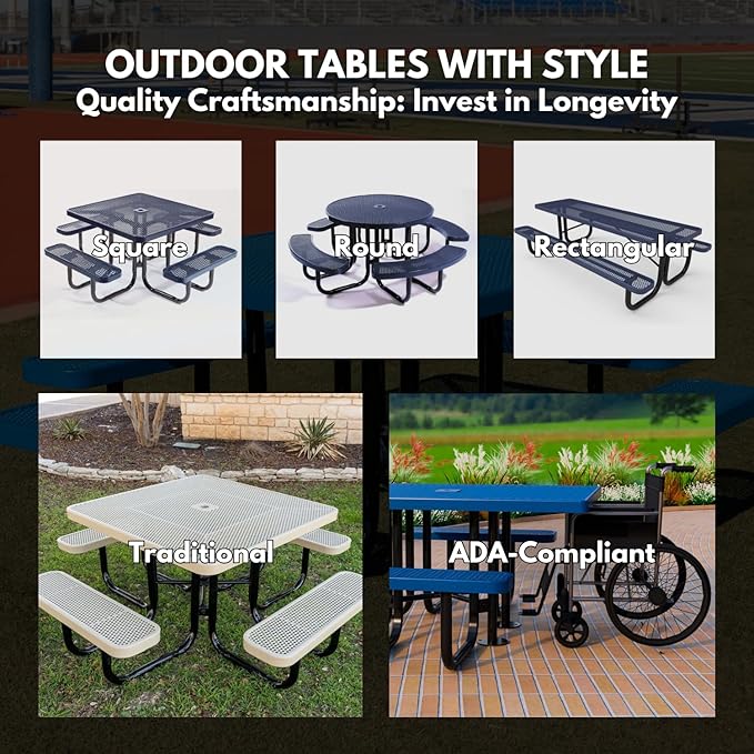 Heavy-Duty Portable Outdoor Kids Table with Umbrella Hole, Punched Steel Kids Picnic Table, Commercial-Grade, Made in America (46 in, Round, Childrens, Textured Sandstone)