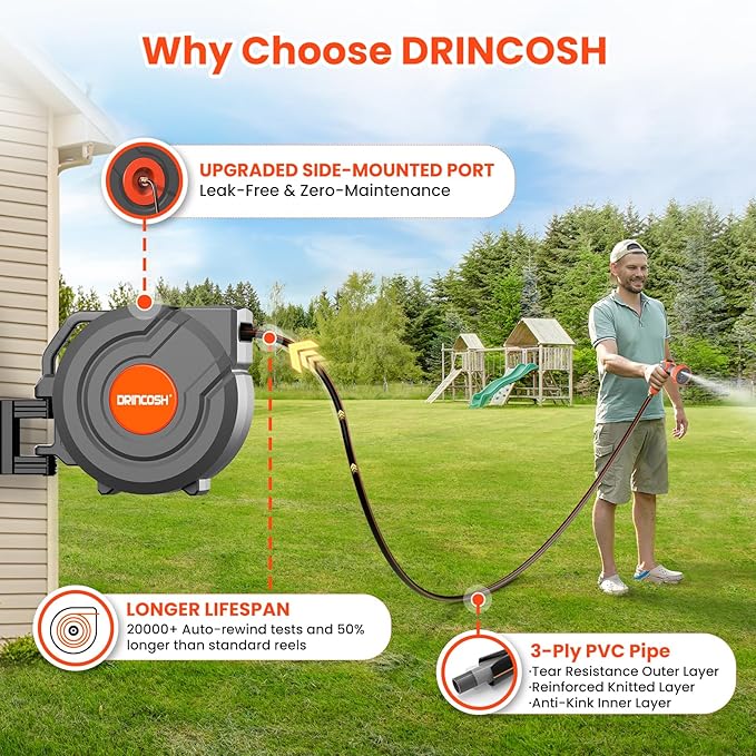 Upgraded Retractable Garden Hose 5/8 in x 115 ft Heavy Duty Wall-Mounted Hose Reel 180°Swivel Automatic Slow Return Any Length Lock 9 Pattern Nozzle UV Resistant (Black)