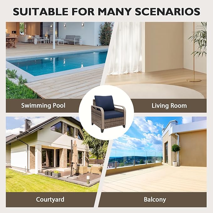 EAGLE PEAK Modern Wicker Outdoor Chair, Patio Chair Curved Armrest, Rattan Patio Furniture for Yard Deck Porch Garden, 1 Chair, Brown/Blue