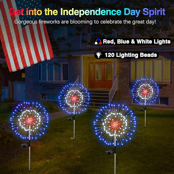 4th of July Firework Solar Garden Lights, Red Blue White Solar Firework Lights with 120 LED 2 Lighting Modes, Outdoor Waterproof Yard Lighting for Independence Day Memorial Day Decor, 4 Pack