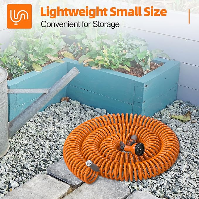 3/8” Lightweight Coil Garden Hose 100 FT, EVA Retractable Curly Water Pipe with 6-Pattern Spray Nozzle for Boat, Greenhouse, Yard, Patio (Orange)