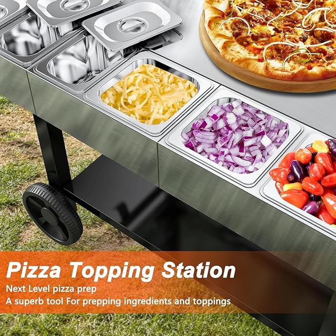 Pizza Oven Cart Table and Topping Station for Ooni Koda/Karu/Fyra 16 & 12, Movable Thicken & Widen Rolling Kitchen Cart, Outdoor Grill Stand for Ninja Woodfire,Blackstone Griddle