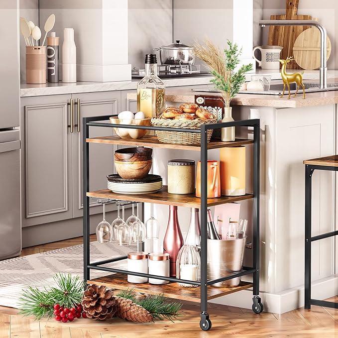 HOOBRO Bar Cart for The Home, Serving Cart with Wine Glass Hooks, Rolling Kitchen Cart with Lockable Wheels, 25.2 x 15.7 x 33.3 Inches Beverage Cart with Storage Shelves, Rustic Brown BF02TC01