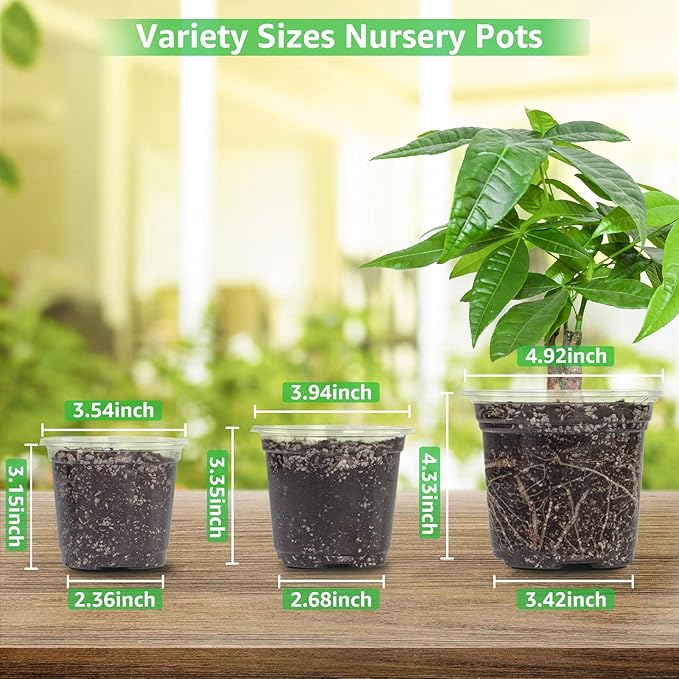 Bonviee 36 Packs 3.5/4/5 Inch Clear Nursery Pots, Transparent Plastic Planter with Drainage Holes, Seed Starting Pot Flower Plant Container -Clear