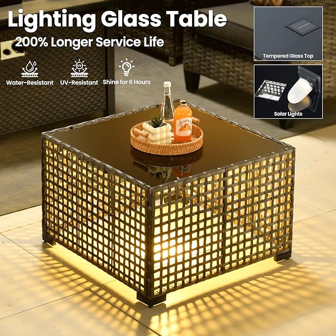 ovios 8 Pieces Patio Furniture Set Outdoor Sofa Couch with Solar Lights Table Comfy Cushions, Modern Deep Seat Wicker Rattan Conversation Set for Porch Deck, Dark Grey