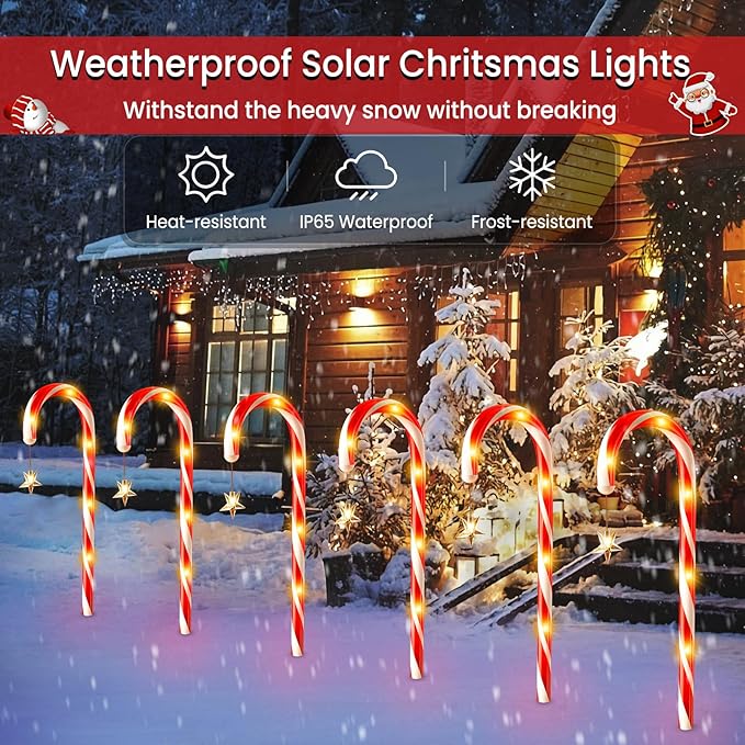 WdtPro Outdoor Christmas Decoration, 24 Pack 56FT Solar Powered 144 LED Bright Christmas Candy Cane Pathway Lights with Stakes, 10 Modes Waterproof Christmas Lights Outside Decorations for Yard Garden