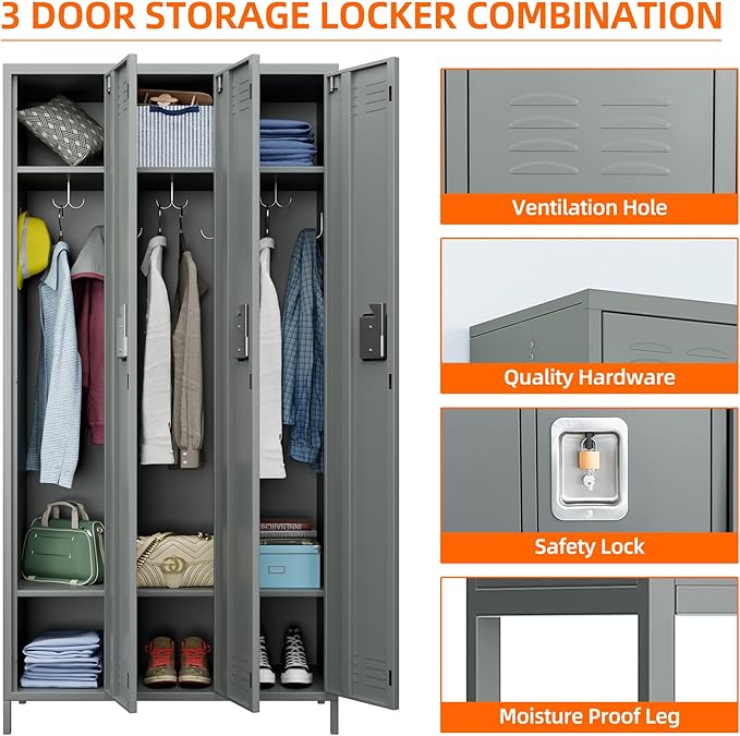 METAN Metal Locker for School Office Gym Bedroom,3 Doors Steel Storage Locker Cabinet for Employees,Industrial Storage Locker with 2 Shelves,Assembly Required (3 Door-Light Gray)