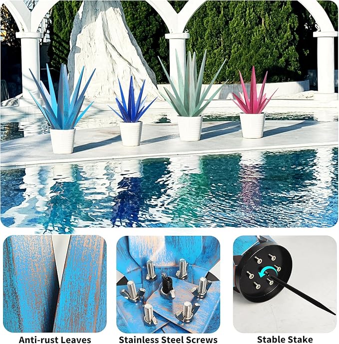 Large Tequila Rustic Sculpture, Rustic Metal Agave Plants for Outdoor Patio Yard, Home Decor Hand Painted Metal Agave Garden Yard Statue, Outdoor Lawn Ornaments Yard Stakes (Dark Blue - M)
