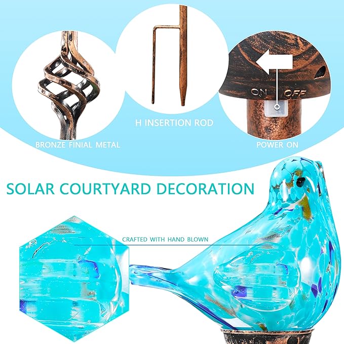 Decorative Solar Lights, Outdoor Solar Bird Stake Lights, Hand Blown Glass Decorative Garden Pathway Lights Outdoor Waterproof Glass Stakes (Light Blue)