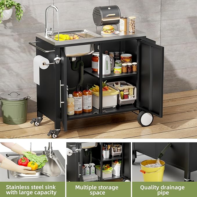 Outdoor Grill Table with Sink, Grill Cart with 304 Stainless Steel Sink and Cabinet, Outdoor Grill Cart,Outdoor Cart Sink Station with Wheels, 38in x 18in x 35in