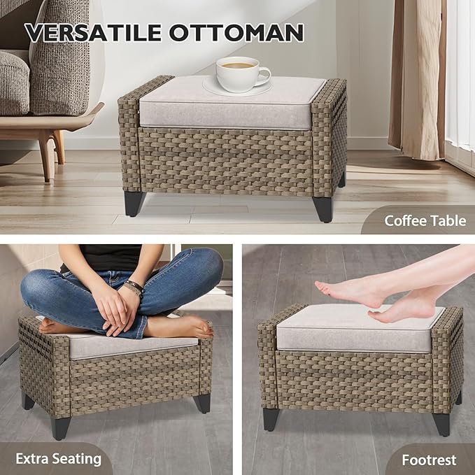 EAGLE PEAK Modern Wicker Outdoor Chair, Patio Chair Curved Armrest, Rattan Patio Furniture for Yard Deck Porch Garden, 2 Chairs 2 Ottomans, 4 Pieces, Brown/Gray