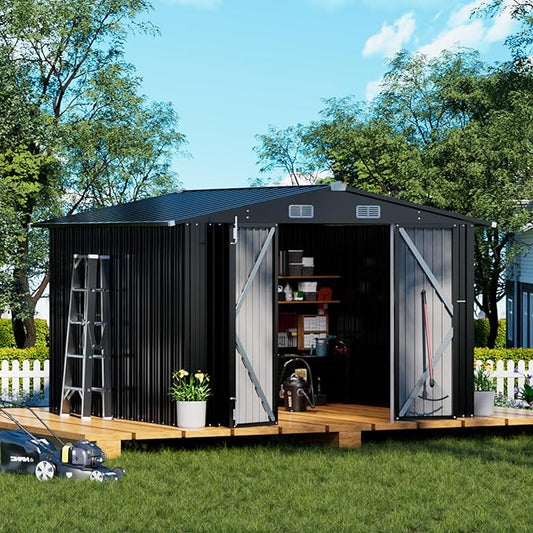 COMHOMA Shed Outdoor Storage Shed Metal,Lockable Doors Tool Sheds with Sloping Roof,Steel Garden Shed with Air Vent for Backyard,Patio,Lawn,Poolside (Grey, 10'*10')