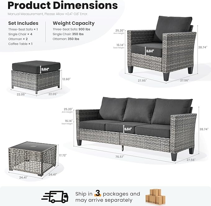 ovios 8 Pieces Patio Furniture Set Outdoor Sofa Couch with Solar Lights Table Comfy Cushions, Modern Deep Seat Wicker Rattan Conversation Set for Porch Deck, Black