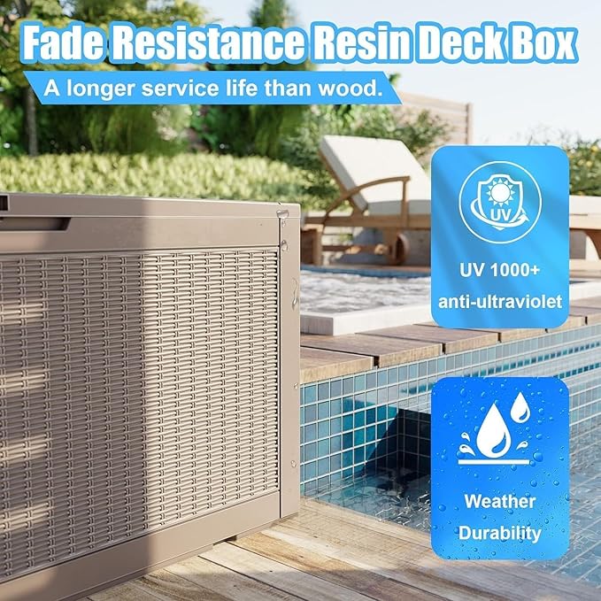 102 Gallon Outdoor Storage Box Waterproof, UV Resistant Resin Deck Box with Hydraulic Rod, Lockable Design and Enhanced Durability for Patio, Garden, and Poolside Use