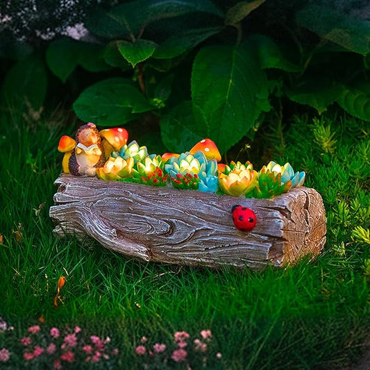 Garden Solar Figurine Light - Stump Succulent Solar Light Outdoor, Solar Powered Lighting Outside Decorations Yard Art Lawn Ornaments for Porch Patio Balcony - Succulent Gifts for Women Mom