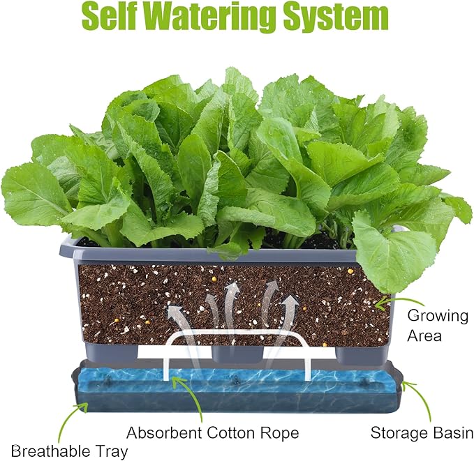 Window Box Planter 8 Pcs, 17 Inches Rectangle Flower Pots with Drainage Holes and Trays, Vegetable Planters for Windowsill Patio Garden Balcony Home Porch Yard Indoor Outdoor (Grey)