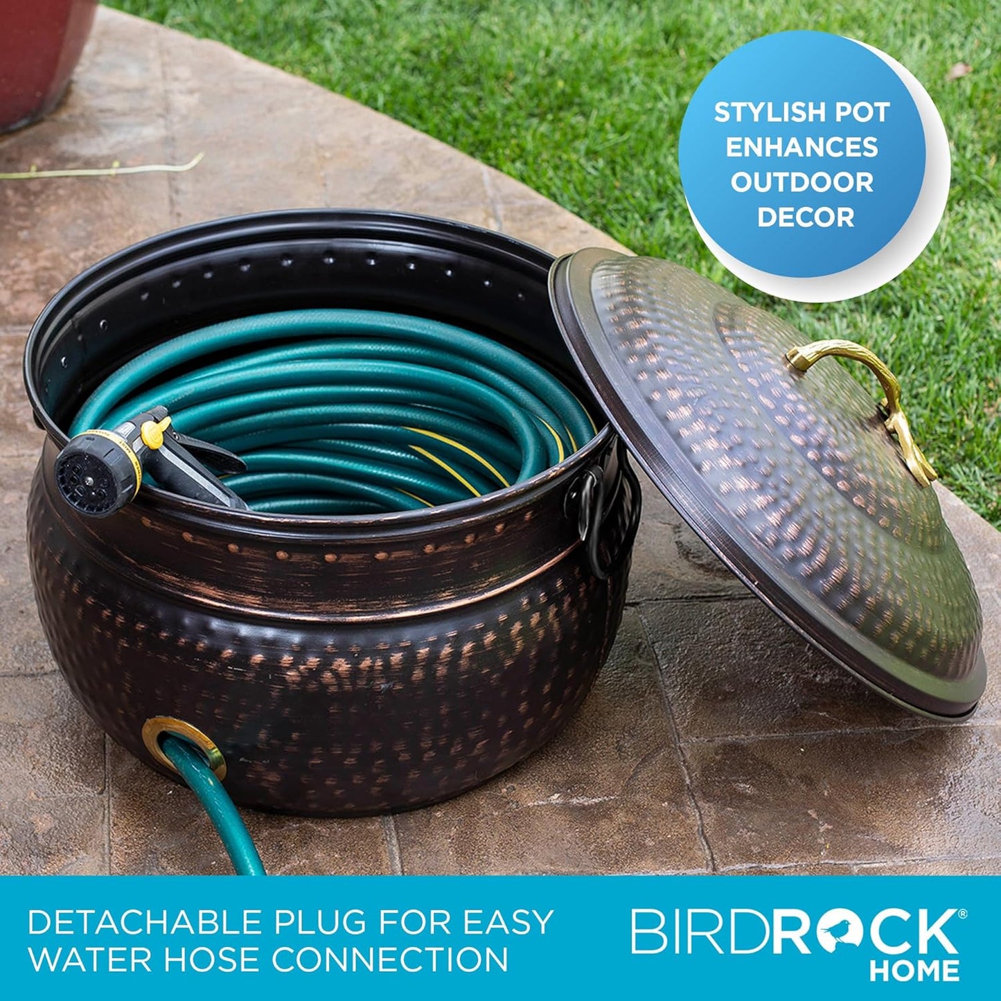 BirdRock Home Water Hose Holder - Decorative Metal Pot, Indoor or Outdoor, Garden Storage Organizer, Patio Portable Bucket - Distressed Bronze, Holds up to 200ft Hoses, Large with Lid