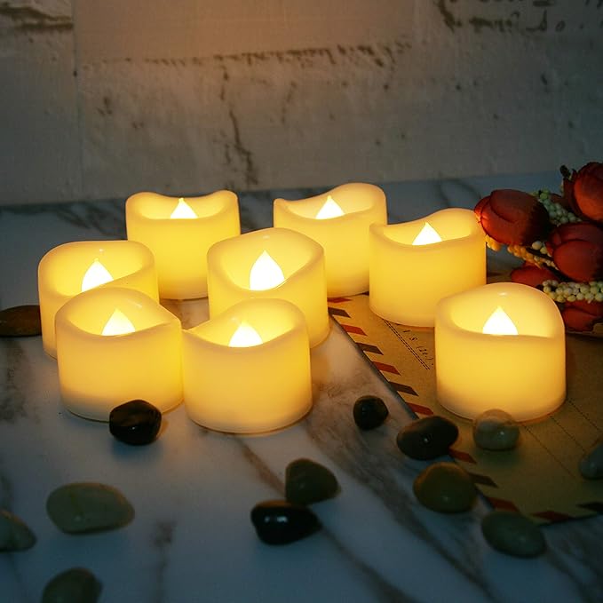 12 Pack Battery Operated Flameless LED Votive Tealight Candles Realistic Flickering Electric Tea Lights Set Bulk Halloween Pumpkin Jack O Lantern Party Wedding Decorations Centerpieces Batteries Incl.