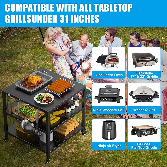 Outdoor Grill Cart Pizza Oven Stand Table with Wheels, Three-Shelf Movable Dining BBQ Food Prep and Work Cart Table, Kitchen Rolling Trolley Cart, Grill Tables for Outside with Waterproof Cover