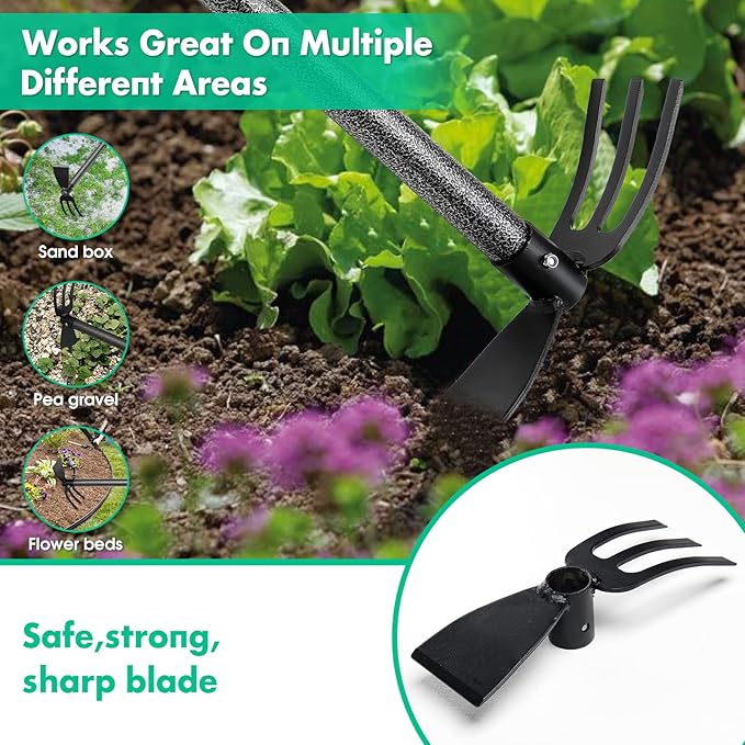 Garden Hoe and Cultivator, 31 Inch Long Heavy Duty Hand Hoe Garden Tool with Tiller,2 Section Handle, Carbon Steel Blade, Cultivator Hoe Garden Tools for Loosening Soil, Weeding Garden Tools